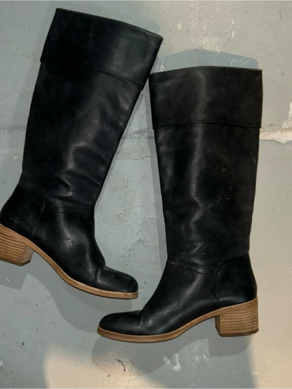 UGG Black Leather Over-the-Knee Boots with Tan Stacked Heel